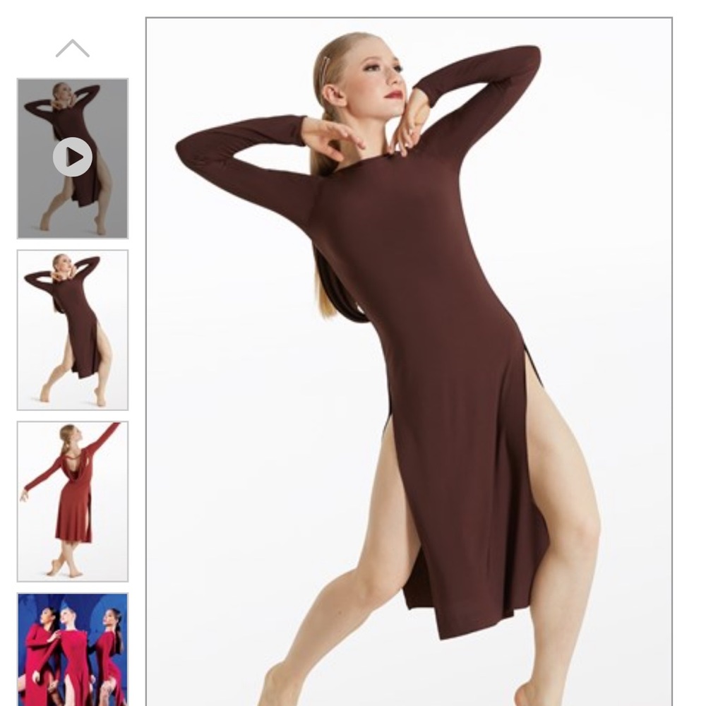 Weissman adult large brown dance dress with low back and cowl drape.